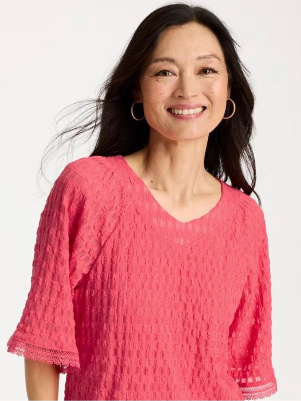 NWT!   Chico’s V neck Textured Pink Lace-Trim Top.    Size 3 (16/18)